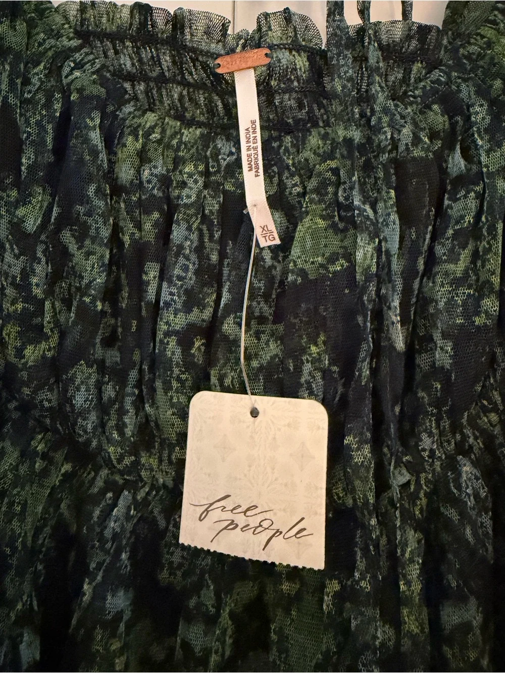 Free People Dark Green Printed Sheer Puff Sleeve Blouse